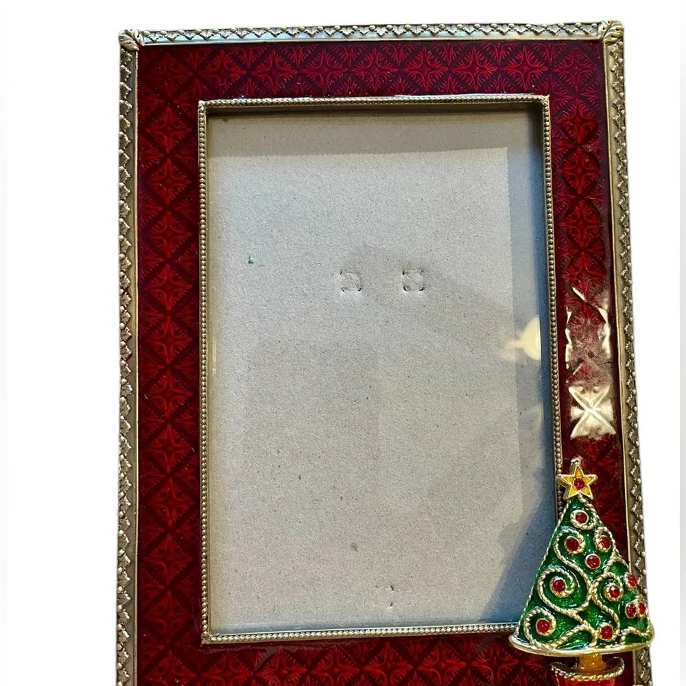 Christmas picture frame, metal, enamel, rhinestones, heavy weight, sturdy